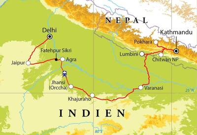 Routekaart Rundreise Nordindien & Nepal, 22 Tage  