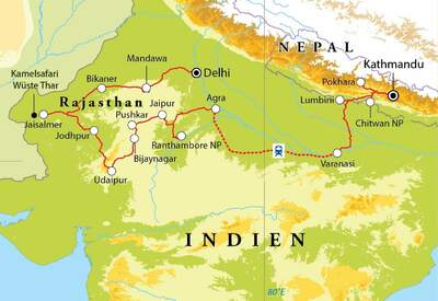 Routekaart Rundreise Rajasthan, Nordindien & Nepal, 30 Tage 