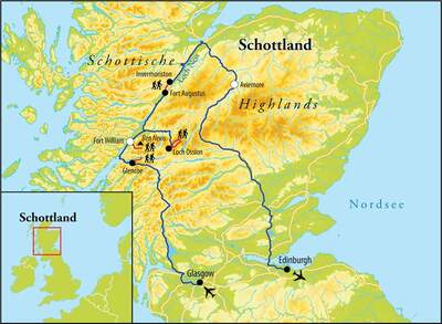 Routekaart Wanderreise Schottland, 8 Tage