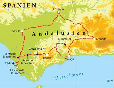 Routekaart Rundreise Spanien (Andalusien), 12 Tage