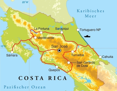 Routekaart Rundreise Costa Rica, 21 Tage