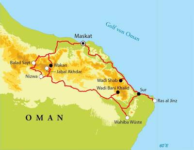 Routekaart Rundreise Oman, 9 Tage