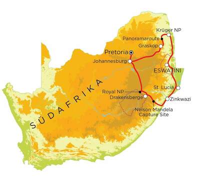 Routekaart Familienreise Südafrika: Der Norden & Eswatini, 15 Tage