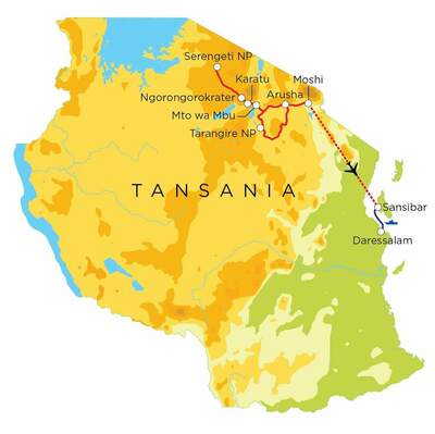 Routekaart Familienreise Tansania & Sansibar, 15 Tage