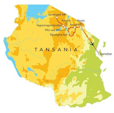 Routekaart Familienreise Tansania & Sansibar, 15 Tage