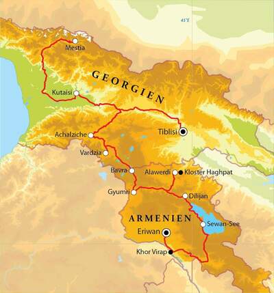 Routekaart Rundreise Armenien & Georgien, 15 Tage