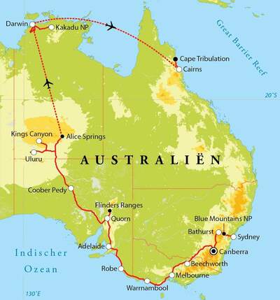 Routekaart Rundreise Australien, 28 Tage