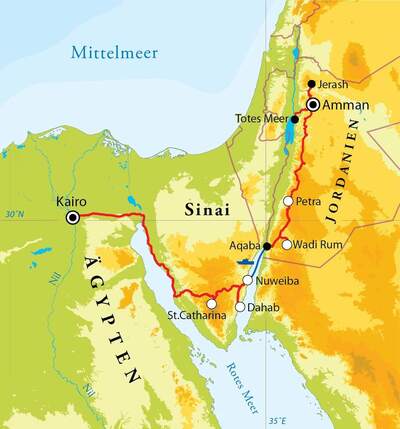 Routekaart Rundreise Ägypten & Jordanien, 2 Wochen