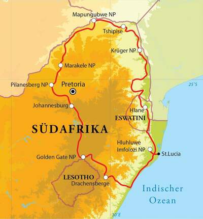 Routekaart Rundreise Südafrika: Nationalparks & Eswatini, 18 Tage