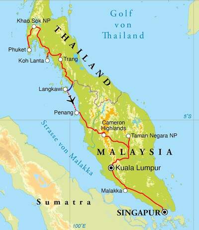 Routekaart Rundreise Thailand, Malaysia & Singapur, 21 Tage