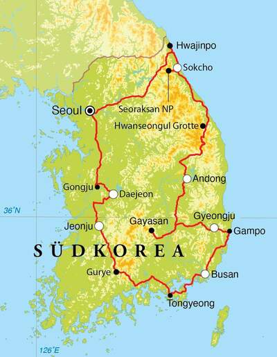 Routekaart Rundreise Südkorea, 15 Tage