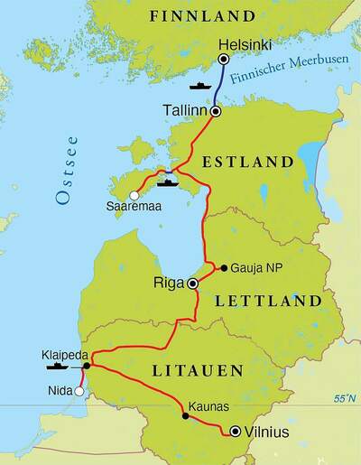 Routekaart Rundreise Baltikum & Finnland, 15 Tage