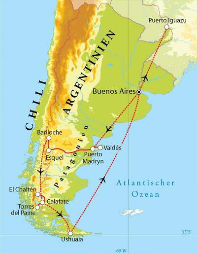 Routekaart Argentinien, Chile & Iguazú, 26 Tage