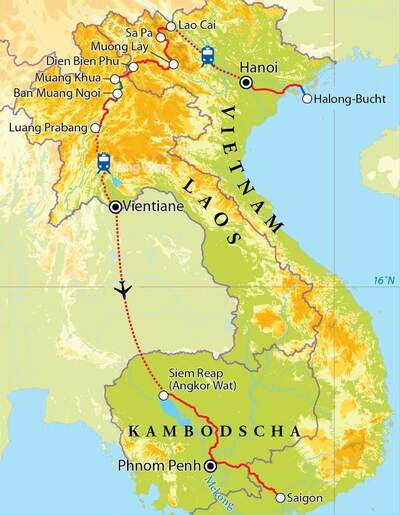 Routekaart Rundreise Vietnam, Laos & Kambodscha, 23 Tage