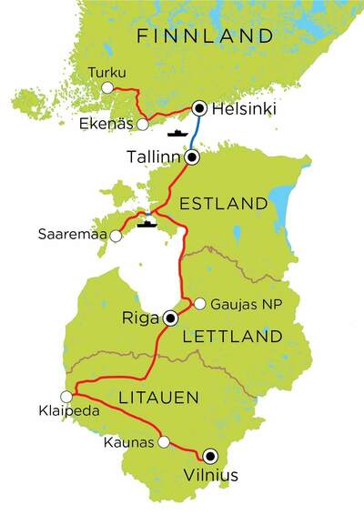 Routekaart Familienreise Baltikum & Finnland, 20 Tage