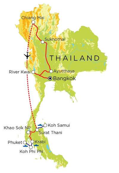 Routekaart Familienreise Thailand - Der Norden & Süden, 21 Tage