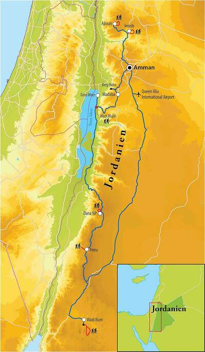 Routekaart Wanderreise Jordanien, 9 Tage